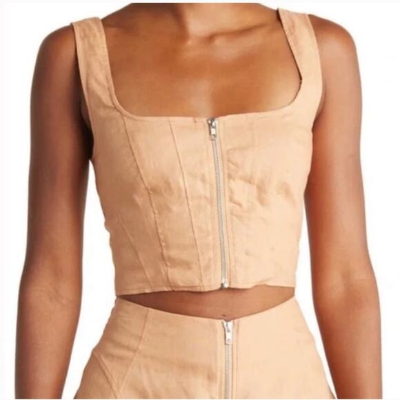 NWT Nicholas Twig Tan Darby Zip Front Linen Crop Top - Picture 8 of 8